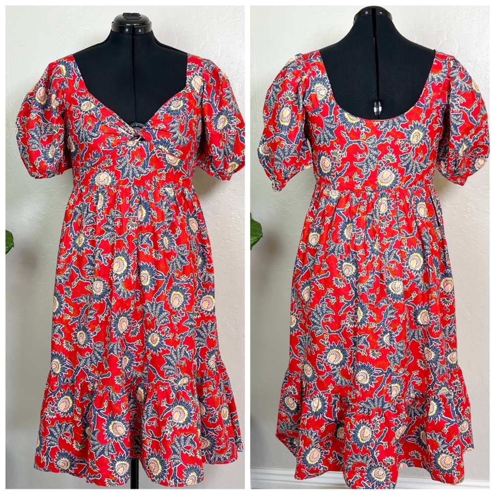 •HOUSE OF HARLOW 1960• Twist Front Puff Sleeve A-Line Midi Dress Red Floral Lg‎
